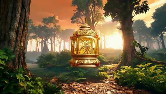 森林中悬浮的金色华丽灯笼