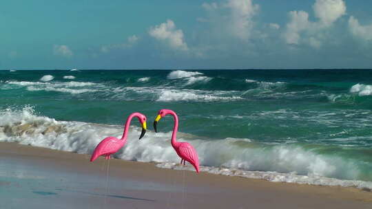 伊莎贝尔海滩上的两只塑料火烈鸟视频素材模板下载