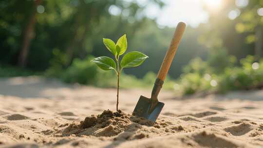 种树幼苗泥土铁锹春天环保植树节