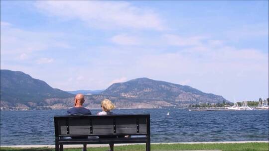 坐在湖边长凳上的夫妇后视图