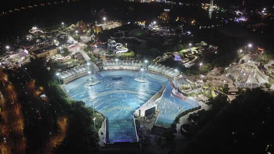 航拍高视角鸟瞰上海松江玛雅水上乐园夜景