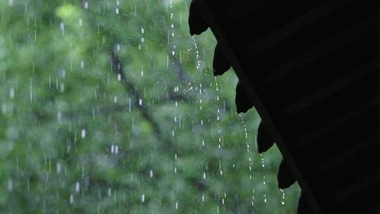 江南雨季中式园林建筑绿植雨滴空镜