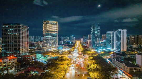 海南三亚中央商务区城市夜景车流延时航拍