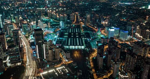 上海火车站夜景延时航拍