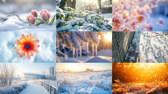 树枝树叶花草结冰特写唯美风景景色