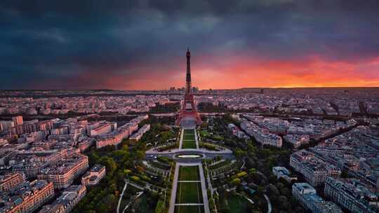城市航拍法国巴黎埃菲尔铁塔日落晚霞天际线
