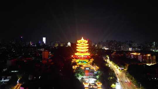 湖北武汉夜景黄鹤楼景区航拍