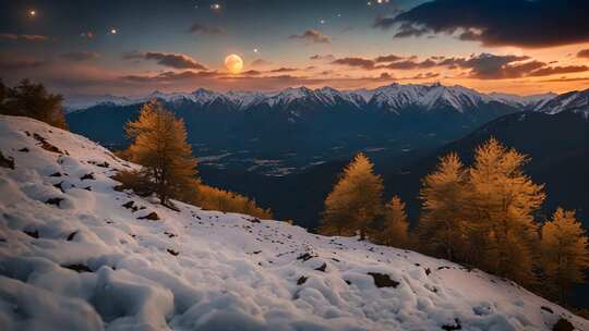 雪山月夜下的金黄树林景观
