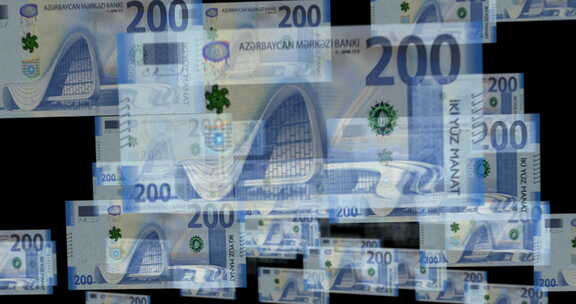 阿塞拜疆马纳特纸币在透明货币之间飞舞