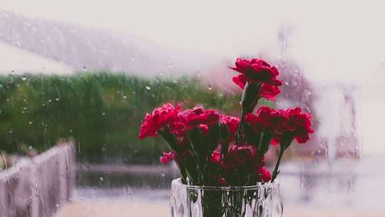下雨天窗户边鲜花唯美空境