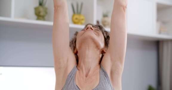 老年妇女在家庭健身训练中做哑铃运动的肖像