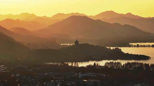 杭州西湖雷峰塔黄昏航拍