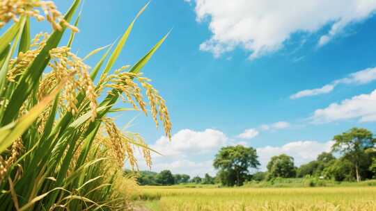 金黄稻田与蓝天白云自然风光