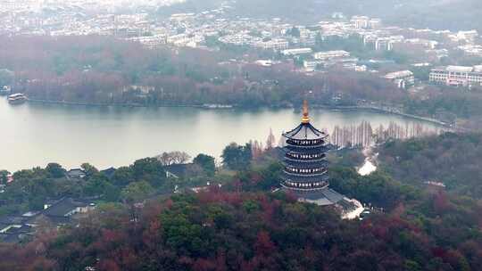 中国杭州西湖雷峰塔烟雨江南航拍