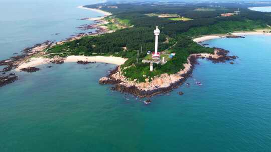 航拍海南省文昌市木兰湾航海灯塔海岸线风景