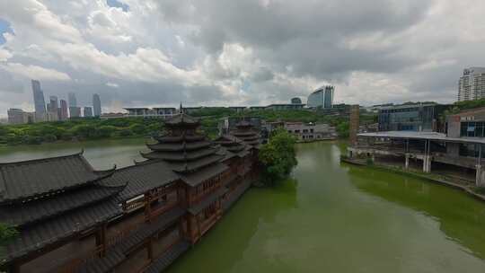 航拍广西首府南宁民歌湖风雨桥穿越机fpv