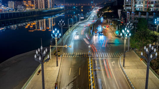 重庆网红直行分岔路口夜景延时