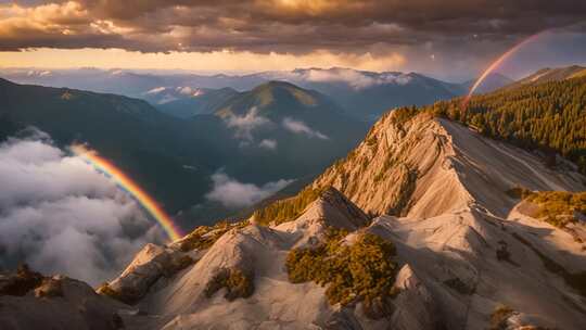 山峦云海间的彩虹美景