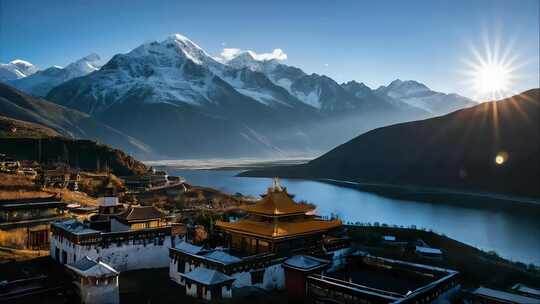 四川甘孜雪山下的藏地风光壮美雪山藏式村落