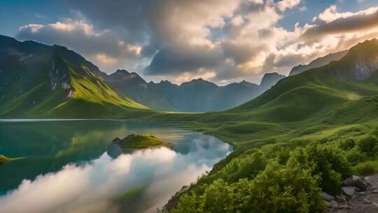 山间湖泊自然风光全景