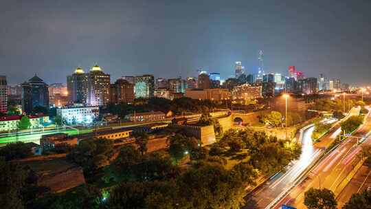 明城墙遗址公园北京夜景道路车流与CBD