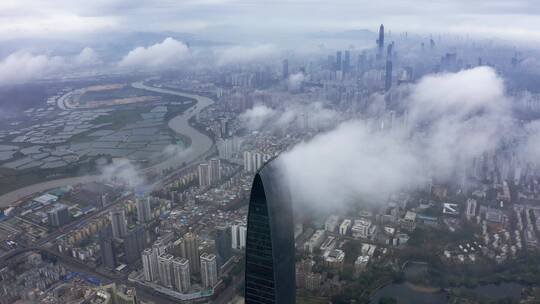 深圳高空大气云海俯瞰CBD深圳河