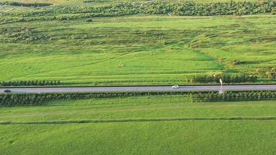 【航拍】草原天路  草原公路上行驶的汽车