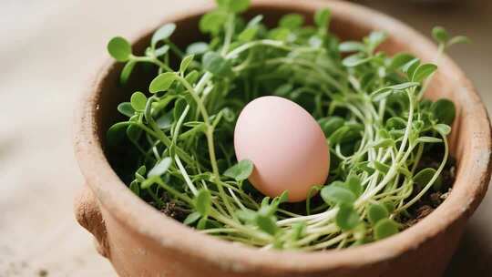 鸡蛋置于绿植盆栽中特写