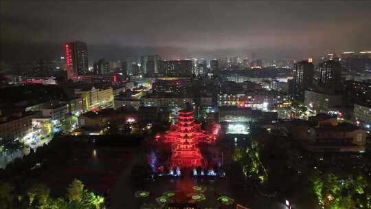 城市夜景中式塔楼航拍张掖木塔寺夜景