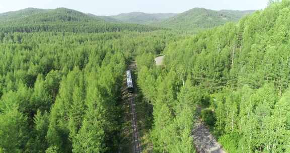 航拍莫尔道嘎国家森林公园小火车