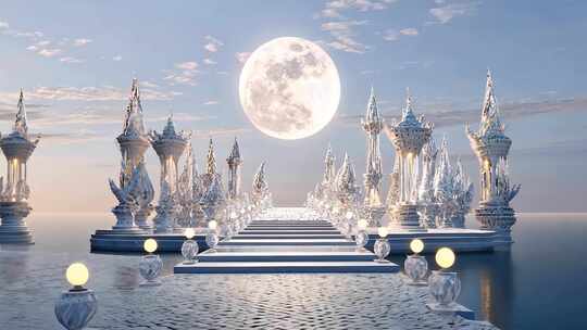 梦幻宫殿月夜城堡神秘建筑水中倒影宫殿夜景