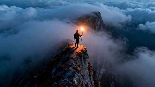 山顶持火把站立的登山者