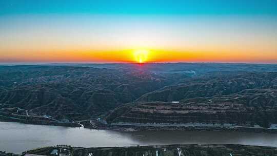 太原碛口黄河夕阳航拍延时