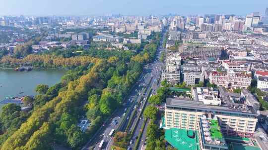 浙江杭州西湖景区环城西路城市风景航拍风光