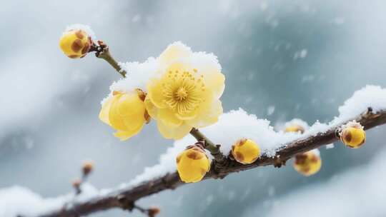 雪中绽放的黄色梅花特写