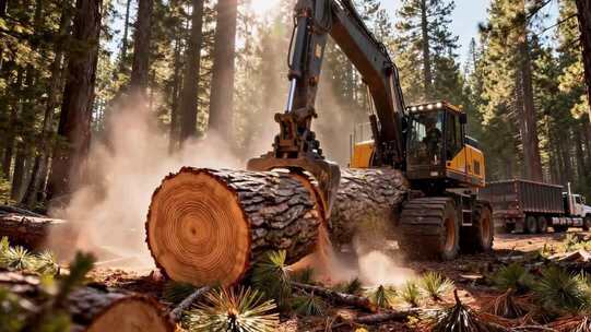 森林中挖掘机搬运原木素材