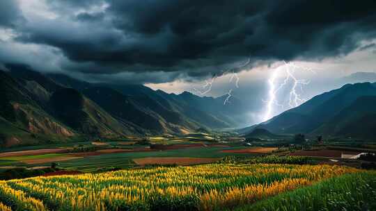 雷电下的多彩田与连绵山脉风景