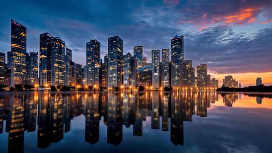 沿海城市夜景 城市日落