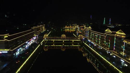 航拍通道侗乡廊桥风雨桥夜景视频素材模板下载