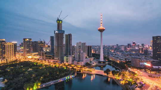 辽宁沈阳彩电塔日转夜城市风景延时摄影