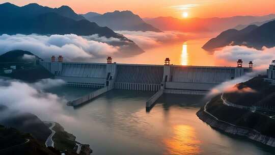 航拍云雾缭绕下的长江三峡大坝日出壮丽延时
