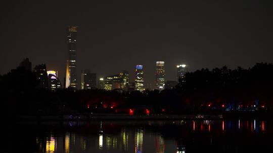 夜晚北京国贸CBD核心区域灯光