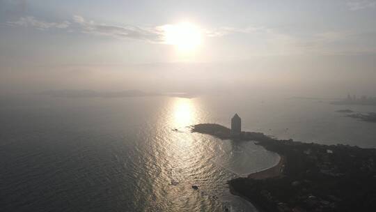 城市航拍青岛海边日落晚霞夕阳