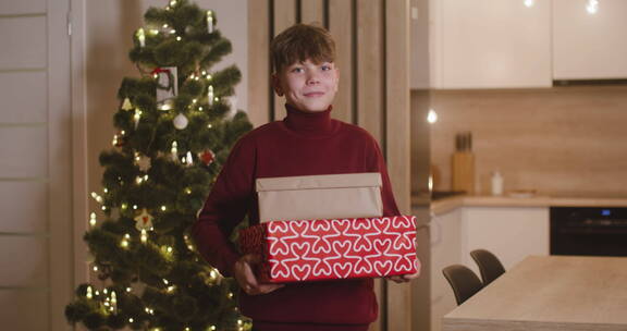 圣诞树前抱着礼盒的男孩