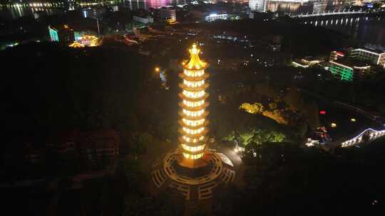 湖北鄂州莲花山元明塔夜景航拍