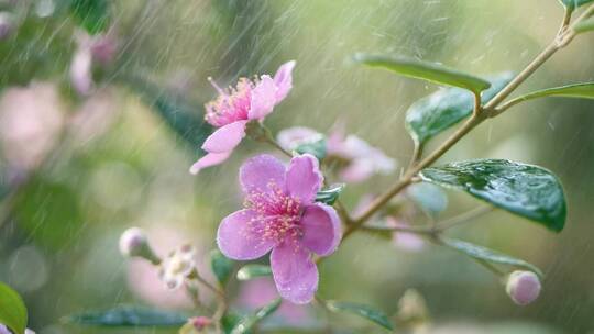 雨中的桃金娘，叶子上滴落的水滴升格视频