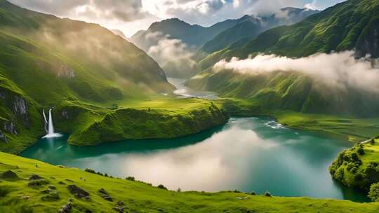 山间湖泊自然风光全景
