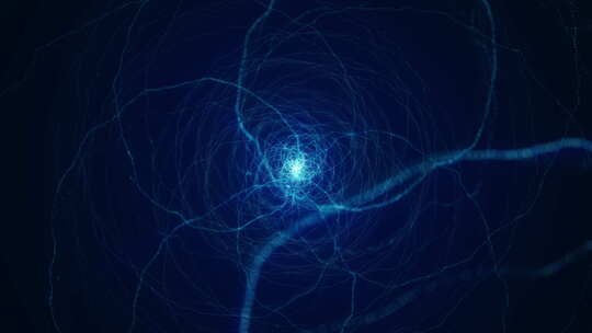 围绕明亮中心旋转的发光蓝色漩涡的抽象动画
