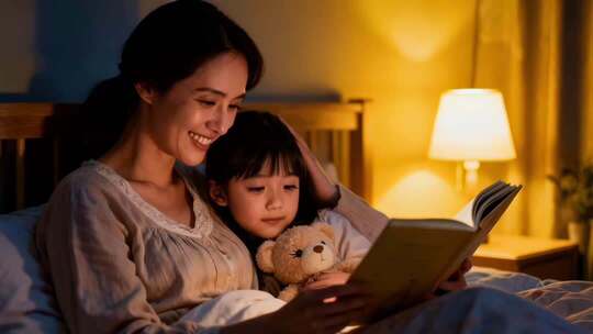 母亲与儿童床上温馨阅读