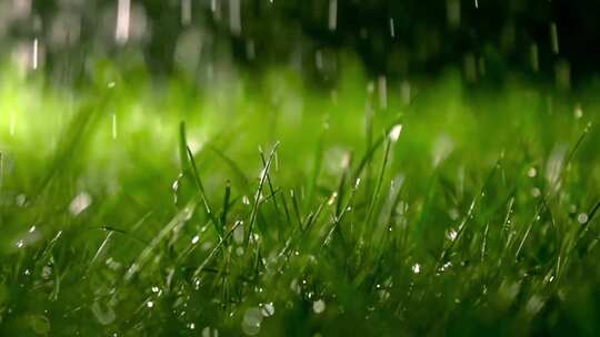 下雨草地水滴雨滴森林大自然植被植物视频素材模板下载